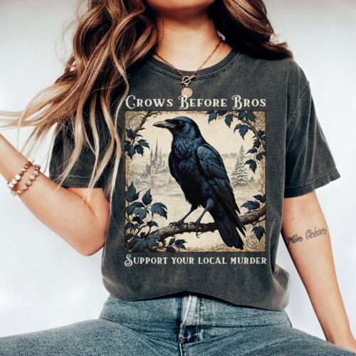 Crows Before Bros Crow Shirt, Vintage Halloween Raven Shirt, Support Your Local Murder Shirt, Goblincore Witchy Shirt,Dark Academia Clothing