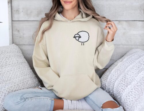 Embroidered Cute Sheep Hoodie Cozy Simple And Adorable Design Ideal Gift For Animal Lovers And Farm Fans Embroidery Hooded Sweatshirt