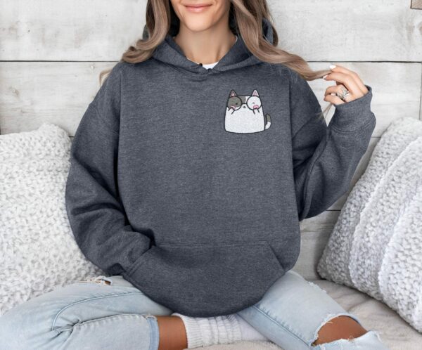 Adorable Embroidered Cute Cartoon Cat With Glasses Hoodie Quirky And Cozy Design Perfect For Cat Lovers Embroidery Hooded Sweatshirt