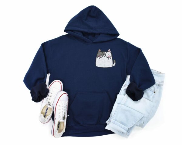 Adorable Embroidered Cute Cartoon Cat With Glasses Hoodie Quirky And Cozy Design Perfect For Cat Lovers Embroidery Hooded Sweatshirt