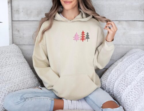 Embroidered Minimalist Christmas Trees Hoodie Casual And Cozy Winter Style For Holiday Season And Festive Vibes Embroidery Hooded Sweatshirt