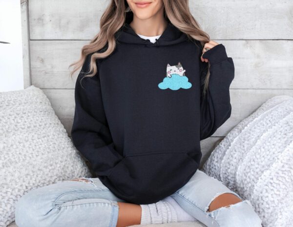 Embroidered Cute Cartoon Cat And Cloud Hoodie Adorable And Cozy Design Perfect For Cat And Animal Lovers Cat Mom Gift Embroidery Hoodie