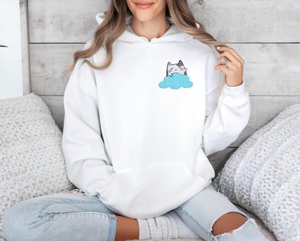 Embroidered Cute Cartoon Cat And Cloud Hoodie Adorable And Cozy Design Perfect For Cat And Animal Lovers Cat Mom Gift Embroidery Hoodie