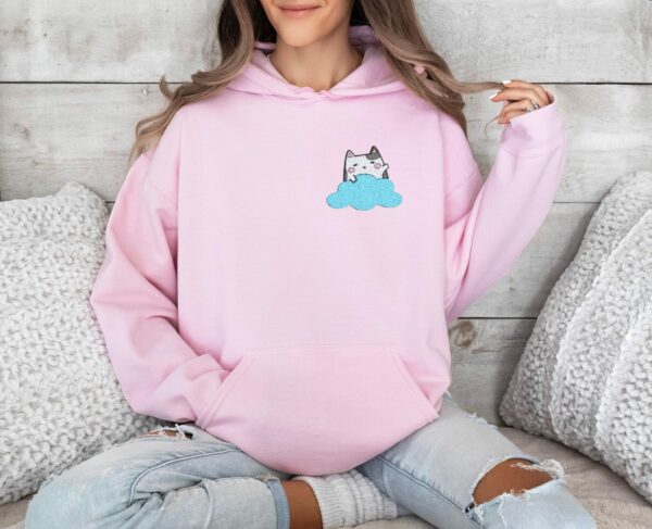 Embroidered Cute Cartoon Cat And Cloud Hoodie Adorable And Cozy Design Perfect For Cat And Animal Lovers Cat Mom Gift Embroidery Hoodie