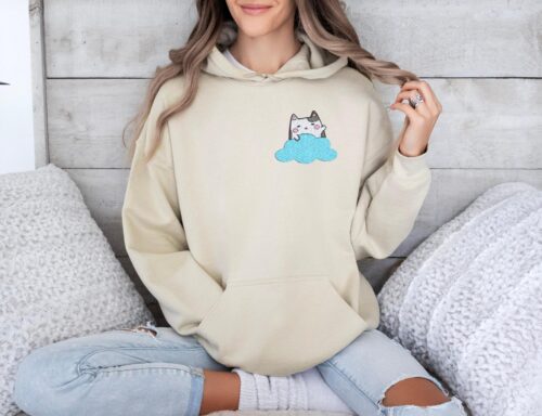 Embroidered Cute Cartoon Cat And Cloud Hoodie Adorable And Cozy Design Perfect For Cat And Animal Lovers Cat Mom Gift Embroidery Hoodie